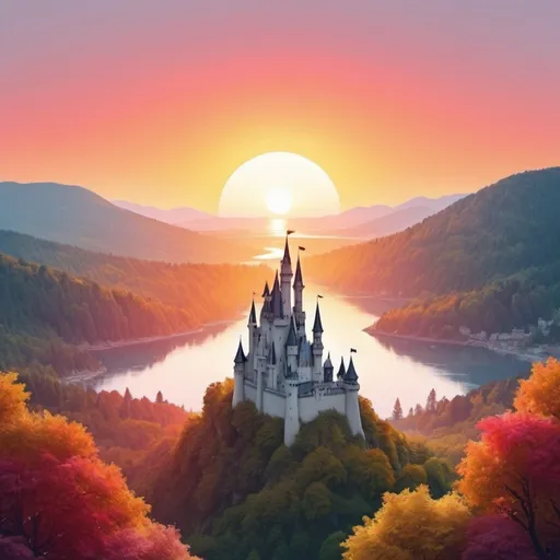 Prompt: Can you generate a very simple logo. White background. A castle and nice view. Trees. Colourful. Sunset.