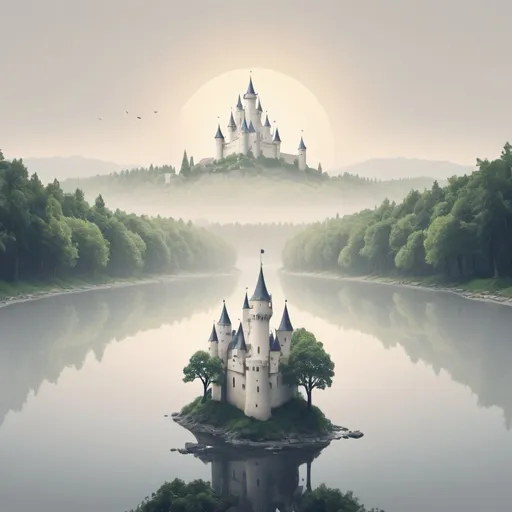 Prompt: Can you generate a very simple logo. White background. Include "Calm Kingdom" in the logo. A castle and nice view. Trees.