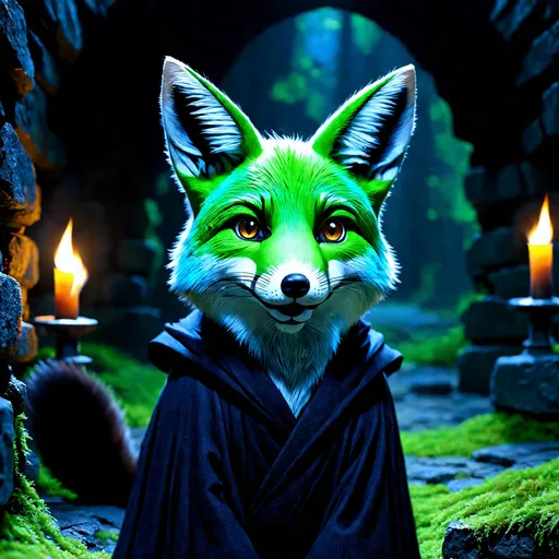 Prompt: Anthropomorphic fox with green and blue fur, close-up, realistic, anthropomorphic, bipedal, black robe, adult, stone walls covered in moss, subtle torch-lit shadows, (cinematic lighting), vibrant colors, mystical atmosphere, glowing highlights, (detailed fur), intricate facial features, dim background, cozy and enchanted, high-resolution, ultra-detailed, 4K.