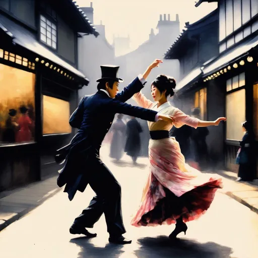 Prompt: british man and japanese woman dancing in a 19th century city street, impressionist style, high contrast