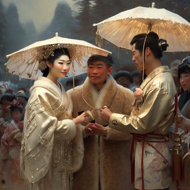 Prompt: painting of eskimo man marrying attractive japanese geisha, painting at the victoria and albert museum, highly detailed painting by gaston bussiere, craig mullins, j. c. leyendecker 8 k