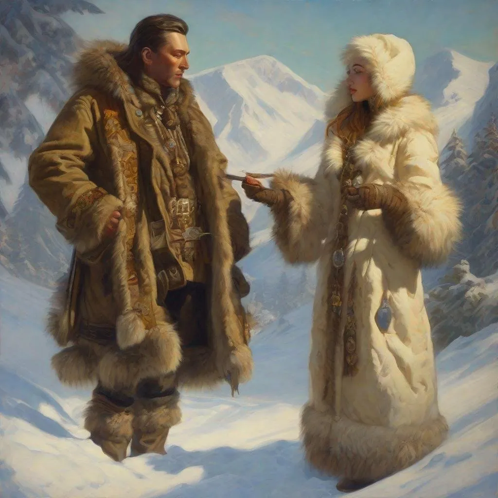 Prompt: painting of american sea captain marrying attractive eskimo woman wearing fur parka, painting at the victoria and albert museum, highly detailed painting by gaston bussiere, craig mullins, j. c. leyendecker 8 k