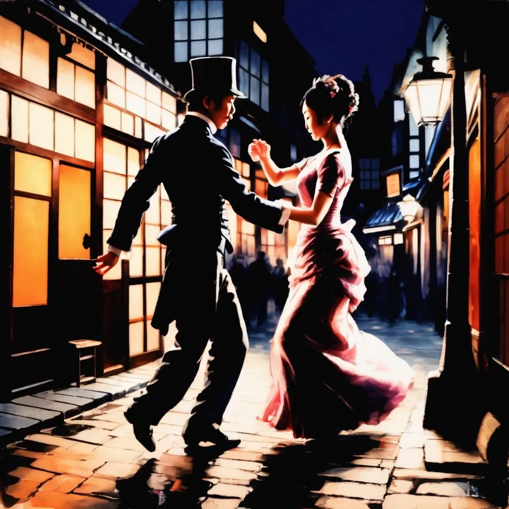 Prompt: british man and japanese woman dancing in a 19th century city street, impressionist style, high contrast