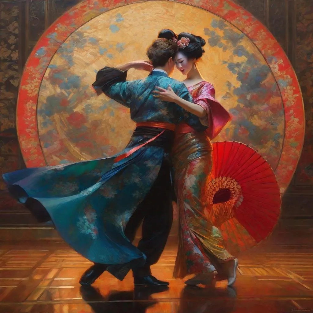 Prompt: tom holland dancing the tango with an attractive japanese geisha under the spotlight, painting at the victoria and albert museum, highly detailed painting by gaston bussiere, craig mullins, j. c. leyendecker 8 k