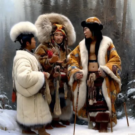 Prompt: painting of native eskimo man wearing a fur parka marrying attractive japanese geisha, painting at the victoria and albert museum, highly detailed painting by gaston bussiere, craig mullins, j. c. leyendecker 8 k