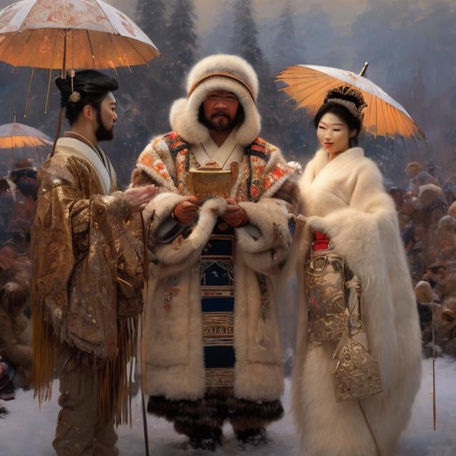 Prompt: painting of eskimo man marrying attractive japanese geisha, painting at the victoria and albert museum, highly detailed painting by gaston bussiere, craig mullins, j. c. leyendecker 8 k