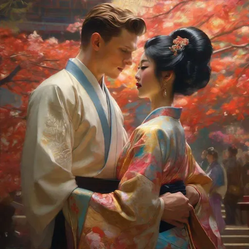 Prompt: tom holland dancing the tango with an attractive japanese geisha under the spotlight, painting at the victoria and albert museum, highly detailed painting by gaston bussiere, craig mullins, j. c. leyendecker 8 k