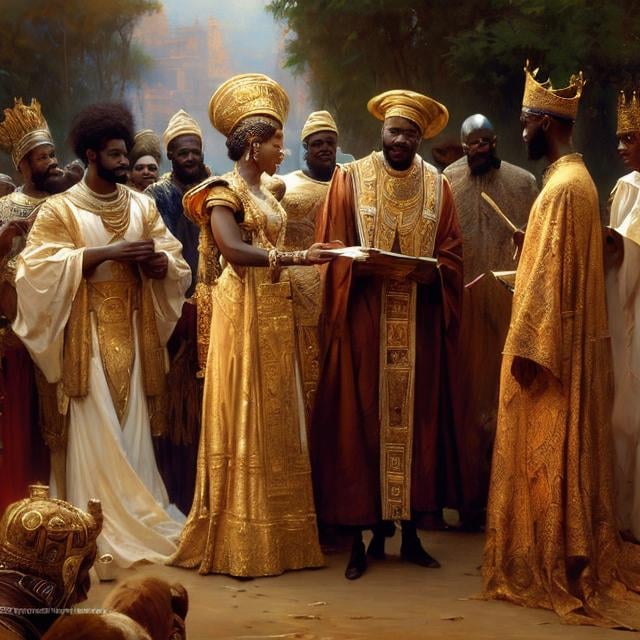 Prompt: painting of african king marrying attractive russian princess, painting at the victoria and albert museum, highly detailed painting by gaston bussiere, craig mullins, j. c. leyendecker 8 k