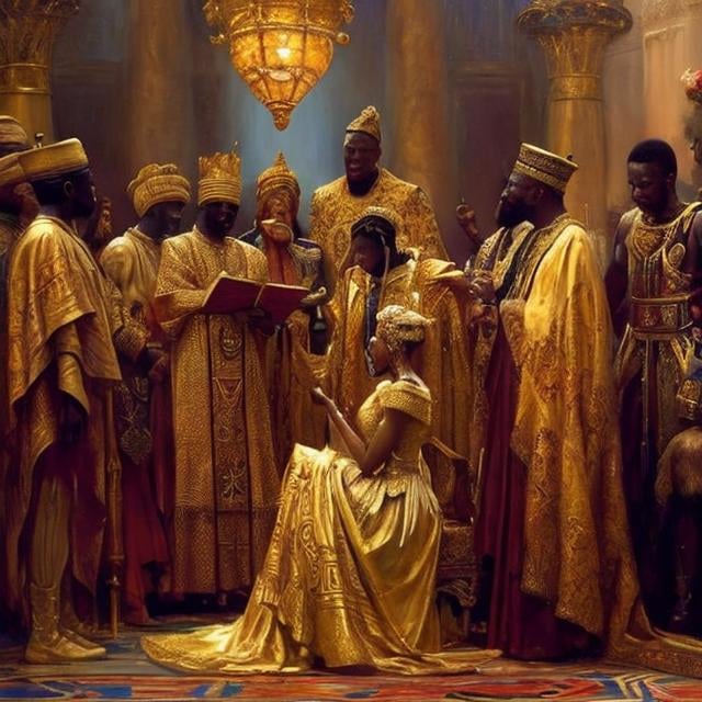 Prompt: painting of african king marrying attractive russian princess, painting at the victoria and albert museum, highly detailed painting by gaston bussiere, craig mullins, j. c. leyendecker 8 k