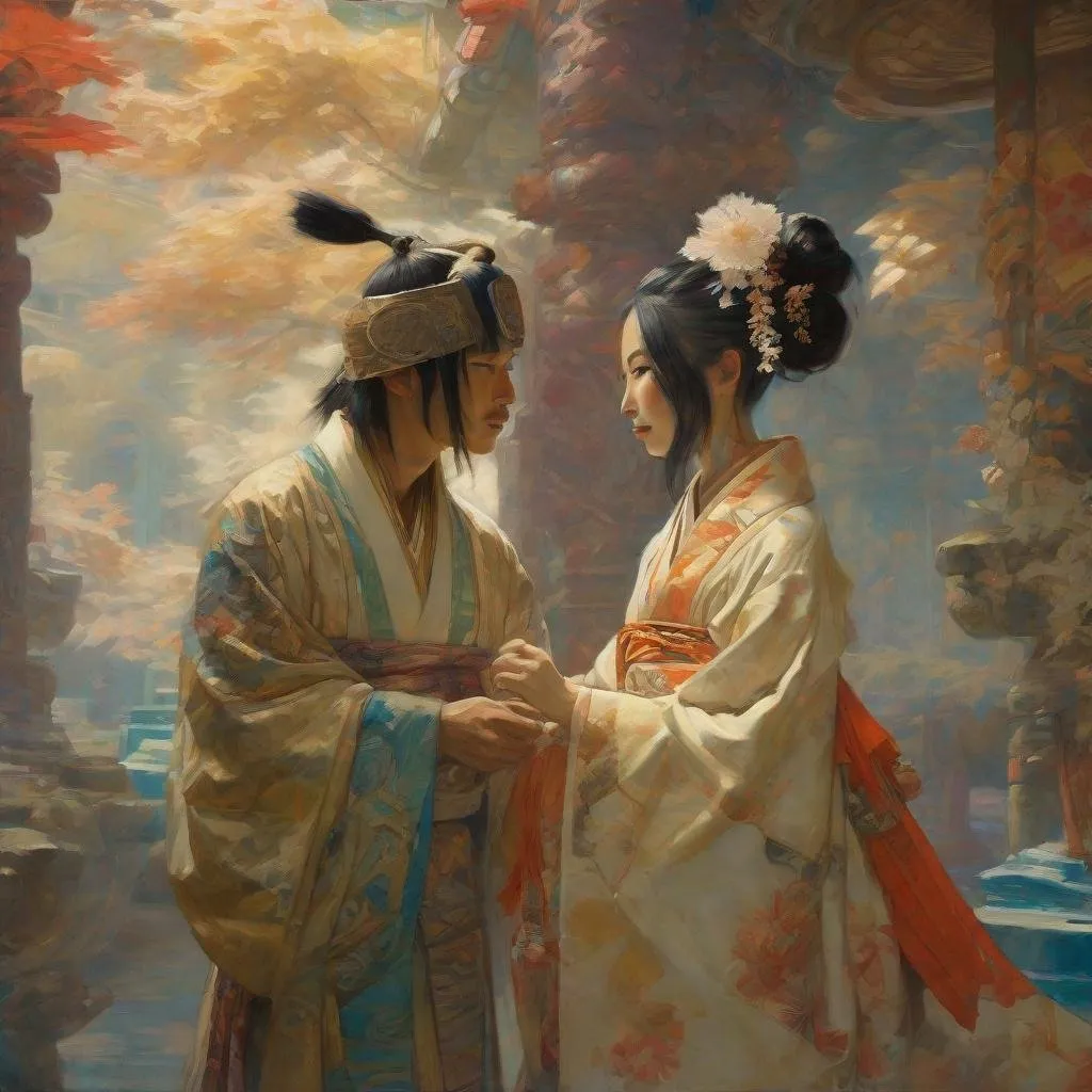 Prompt: painting of inuit man marrying attractive japanese geisha, painting at the victoria and albert museum, highly detailed painting by gaston bussiere, craig mullins, j. c. leyendecker 8 k