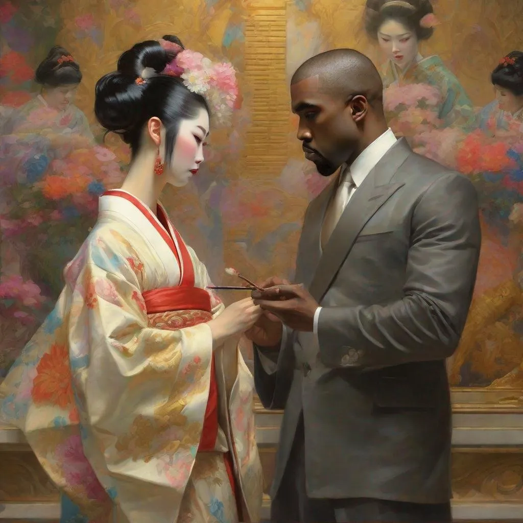 Prompt: painting of kanye west marrying attractive japanese geisha, painting at the victoria and albert museum, highly detailed painting by gaston bussiere, craig mullins, j. c. leyendecker 8 k