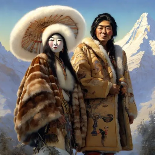 Prompt: painting of native eskimo man wearing a fur parka marrying attractive japanese geisha, painting at the victoria and albert museum, highly detailed painting by gaston bussiere, craig mullins, j. c. leyendecker 8 k