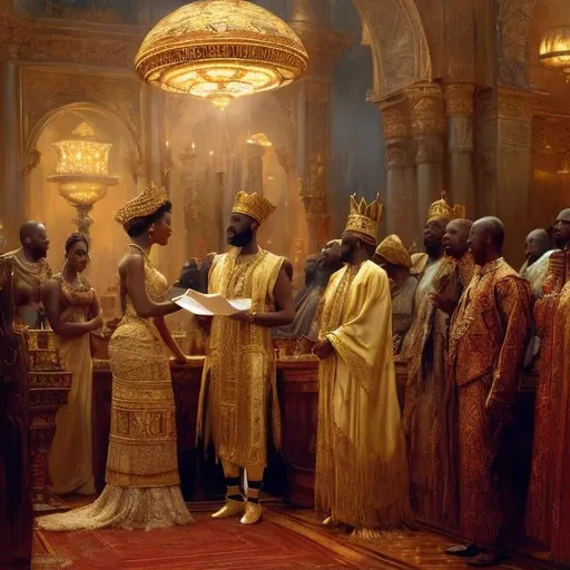 Prompt: painting of african king marrying attractive russian princess, painting at the victoria and albert museum, highly detailed painting by gaston bussiere, craig mullins, j. c. leyendecker 8 k