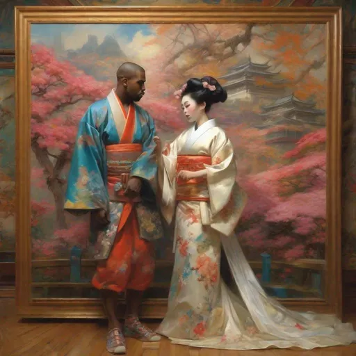 Prompt: painting of kanye west marrying attractive japanese geisha, painting at the victoria and albert museum, highly detailed painting by gaston bussiere, craig mullins, j. c. leyendecker 8 k