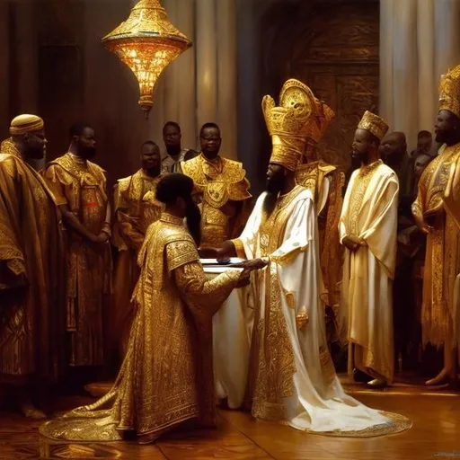 Prompt: painting of african king marrying attractive russian princess, painting at the victoria and albert museum, highly detailed painting by gaston bussiere, craig mullins, j. c. leyendecker 8 k