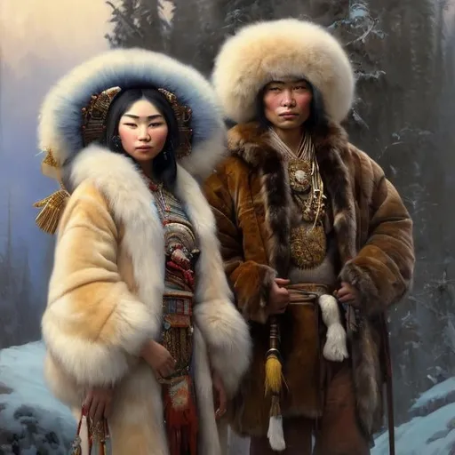 Prompt: painting of native eskimo man wearing a fur parka marrying attractive japanese geisha, painting at the victoria and albert museum, highly detailed painting by gaston bussiere, craig mullins, j. c. leyendecker 8 k