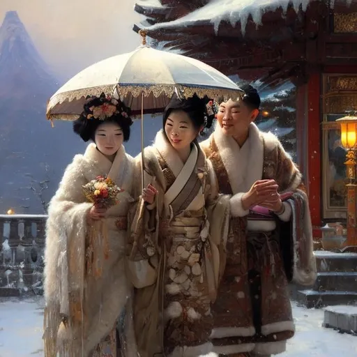 Prompt: painting of eskimo man marrying attractive japanese geisha, painting at the victoria and albert museum, highly detailed painting by gaston bussiere, craig mullins, j. c. leyendecker 8 k