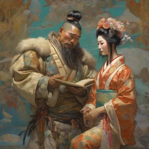 Prompt: painting of inuit man marrying attractive japanese geisha, painting at the victoria and albert museum, highly detailed painting by gaston bussiere, craig mullins, j. c. leyendecker 8 k
