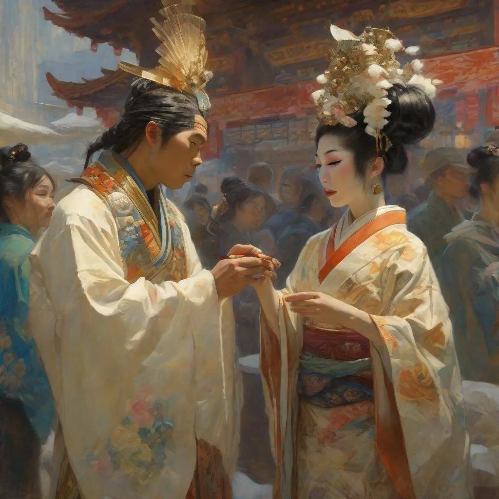 Prompt: painting of inuit man marrying attractive japanese geisha, painting at the victoria and albert museum, highly detailed painting by gaston bussiere, craig mullins, j. c. leyendecker 8 k