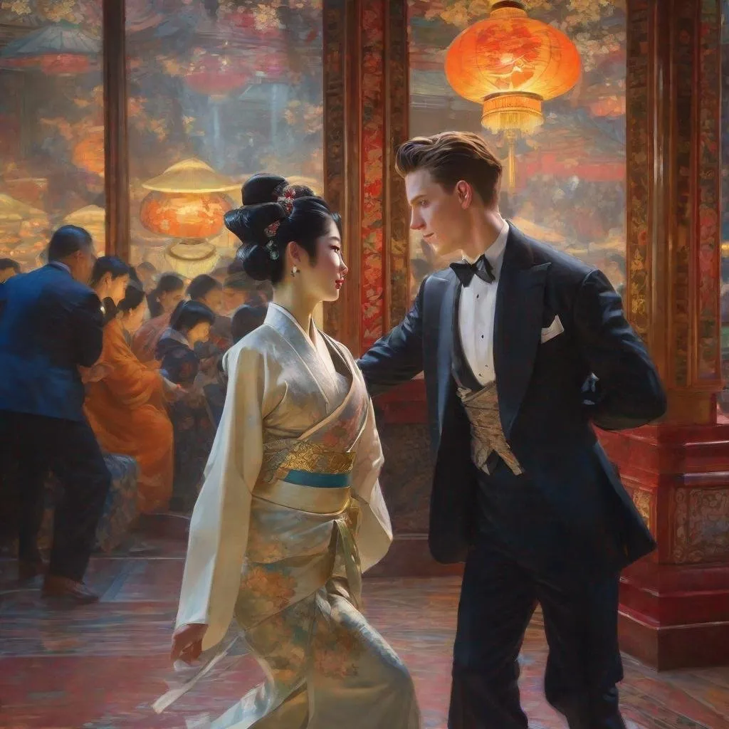 Prompt: tom holland dancing the tango with an attractive japanese geisha under the spotlight, painting at the victoria and albert museum, highly detailed painting by gaston bussiere, craig mullins, j. c. leyendecker 8 k