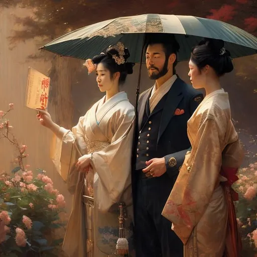 Prompt: painting of american sea captain marrying attractive japanese geisha, painting at the victoria and albert museum, highly detailed painting by gaston bussiere, craig mullins, j. c. leyendecker 8 k