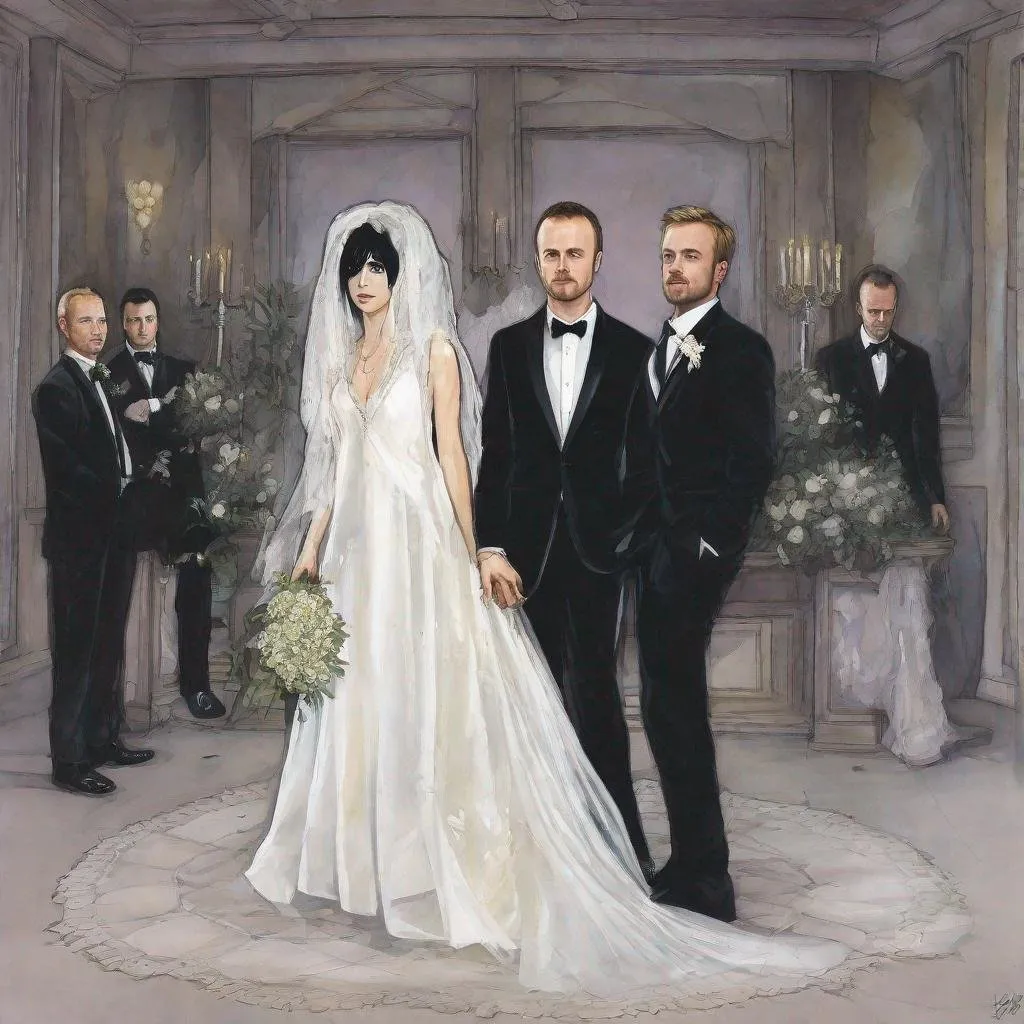 Prompt: jane margolis wearing a wedding dress and jesse pinkman wearing a tuxedo, wedding photo