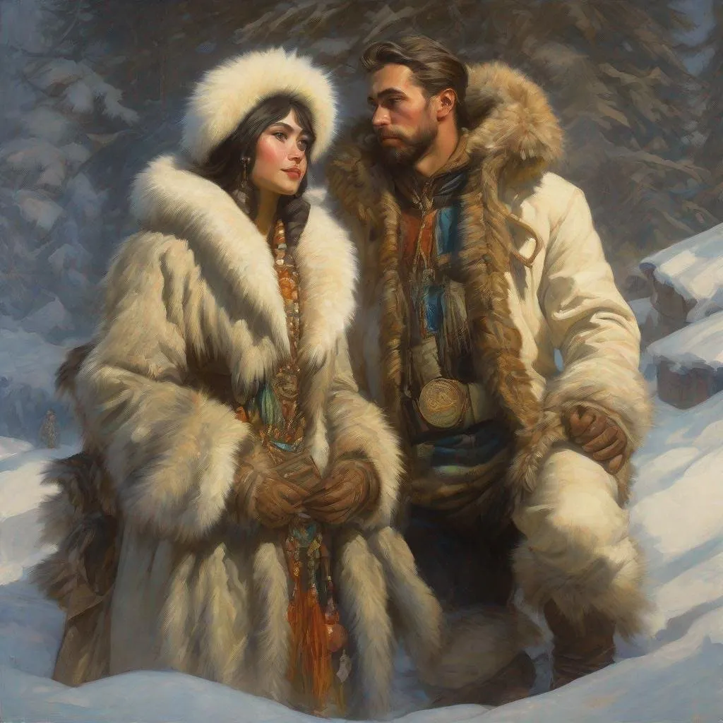 Prompt: painting of american sea captain marrying attractive eskimo woman wearing fur parka, painting at the victoria and albert museum, highly detailed painting by gaston bussiere, craig mullins, j. c. leyendecker 8 k