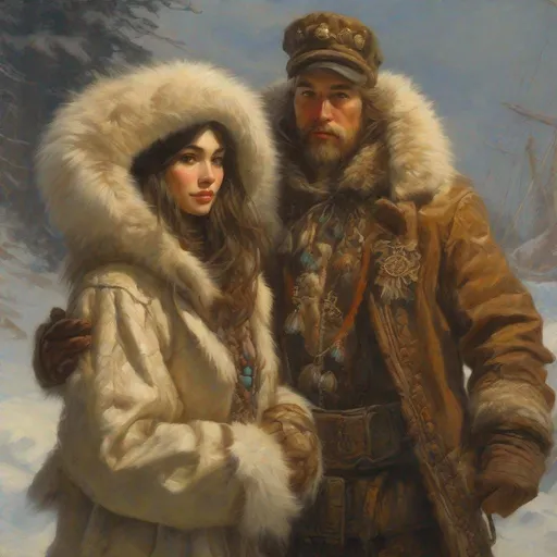 Prompt: painting of american sea captain marrying attractive eskimo woman wearing fur parka, painting at the victoria and albert museum, highly detailed painting by gaston bussiere, craig mullins, j. c. leyendecker 8 k
