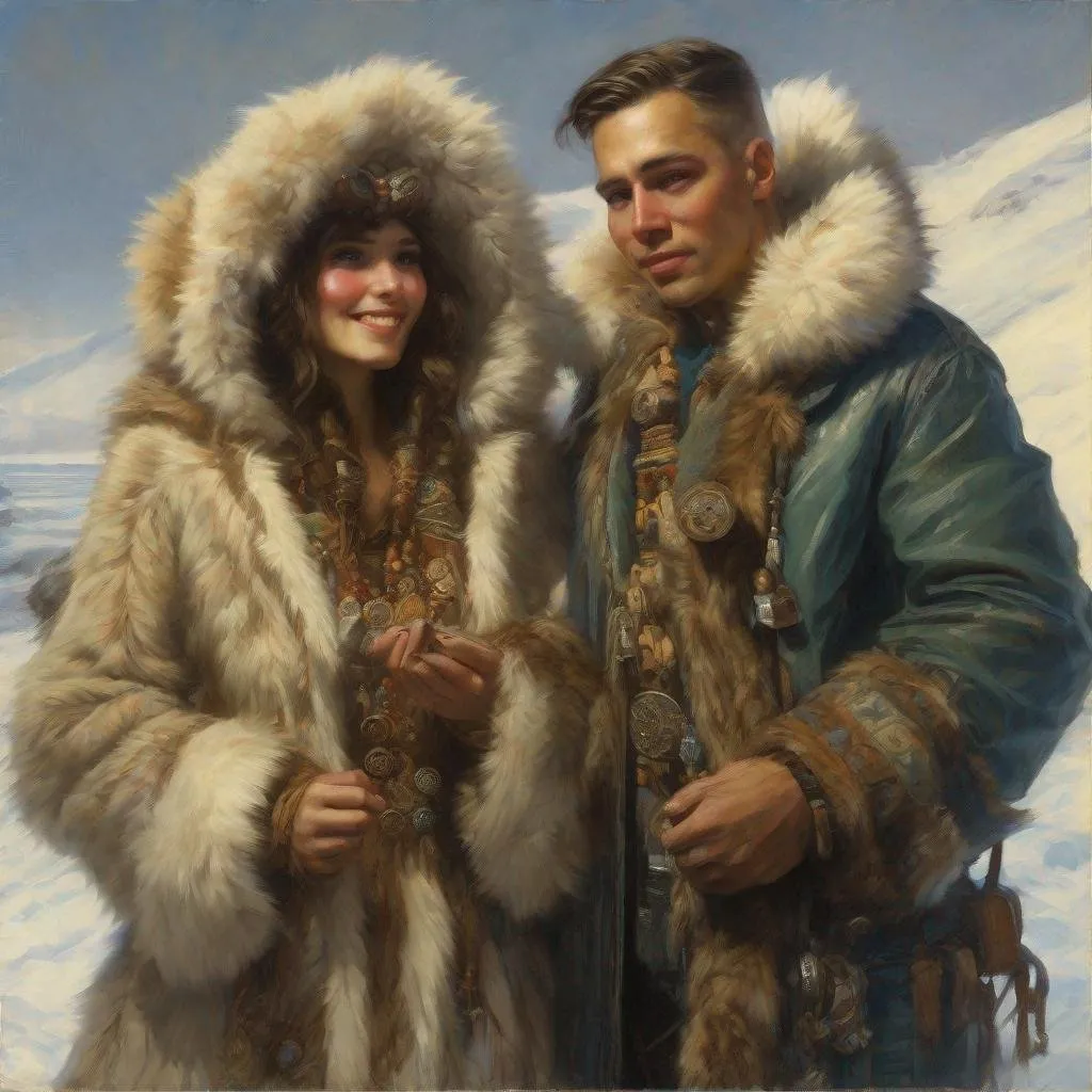 Prompt: painting of american sea captain marrying attractive eskimo woman wearing fur parka, painting at the victoria and albert museum, highly detailed painting by gaston bussiere, craig mullins, j. c. leyendecker 8 k