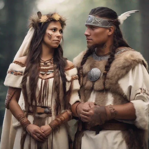 Prompt: native american man and viking woman, medieval wedding, realistic