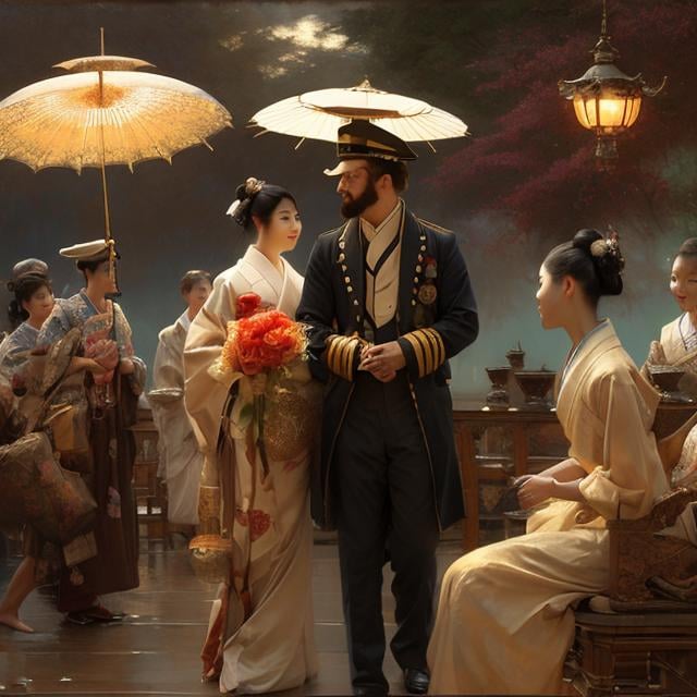 Prompt: painting of american sea captain marrying attractive japanese geisha, painting at the victoria and albert museum, highly detailed painting by gaston bussiere, craig mullins, j. c. leyendecker 8 k