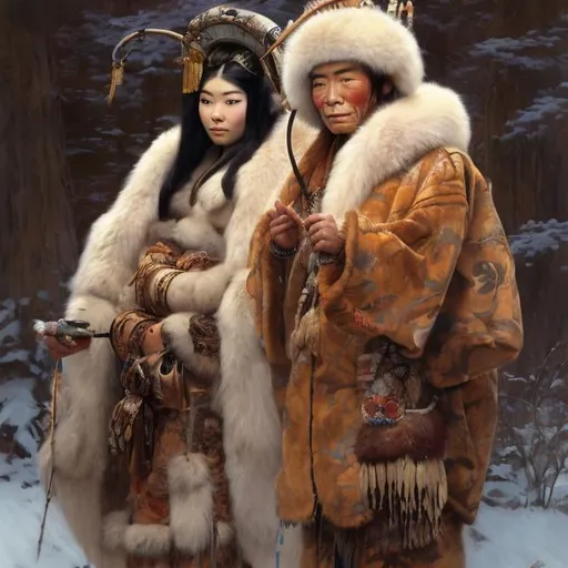 Prompt: painting of native eskimo man wearing a fur parka marrying attractive japanese geisha, painting at the victoria and albert museum, highly detailed painting by gaston bussiere, craig mullins, j. c. leyendecker 8 k