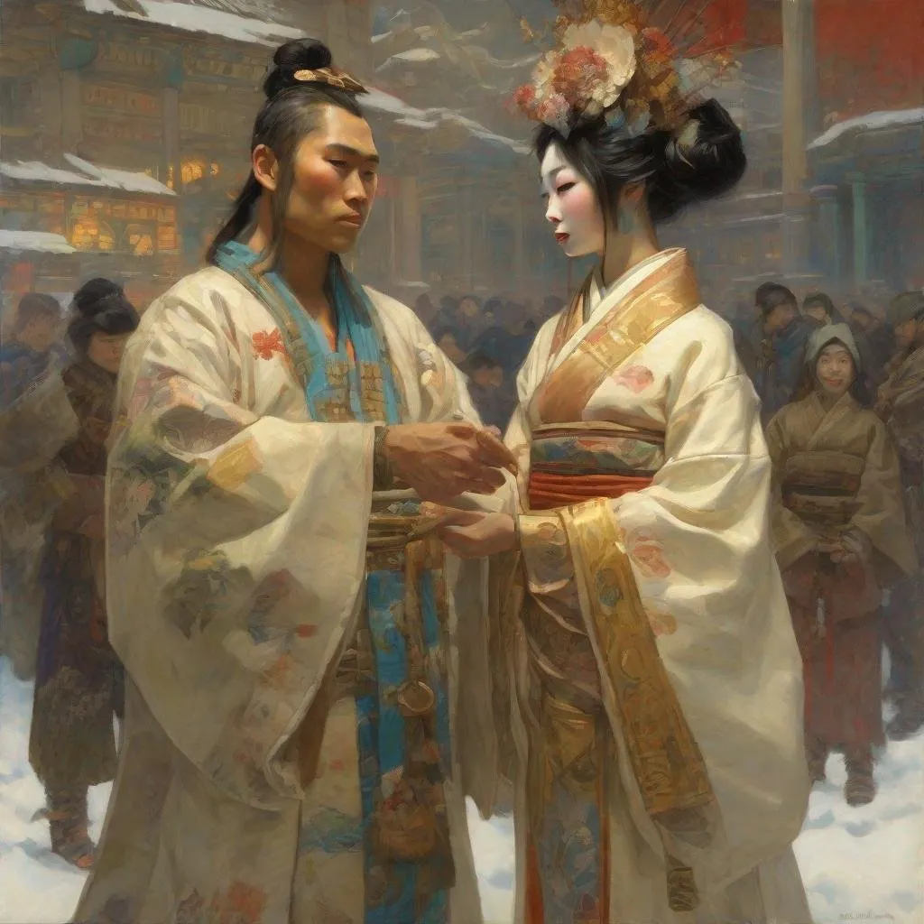 Prompt: painting of inuit man marrying attractive japanese geisha, painting at the victoria and albert museum, highly detailed painting by gaston bussiere, craig mullins, j. c. leyendecker 8 k