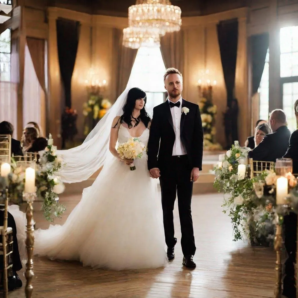 Prompt: jane margolis wearing a wedding dress and jesse pinkman wearing a tuxedo, wedding photo