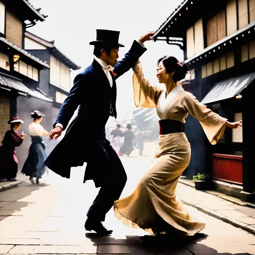 Prompt: british man and japanese woman dancing in a 19th century city street, impressionist style, high contrast