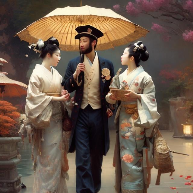 Prompt: painting of american sea captain marrying attractive japanese geisha, painting at the victoria and albert museum, highly detailed painting by gaston bussiere, craig mullins, j. c. leyendecker 8 k