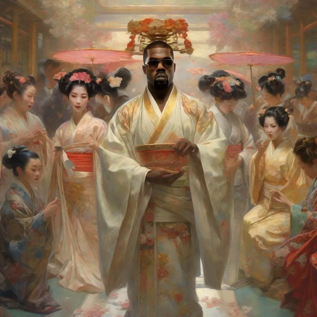 Prompt: painting of kanye west marrying attractive japanese geisha, painting at the victoria and albert museum, highly detailed painting by gaston bussiere, craig mullins, j. c. leyendecker 8 k