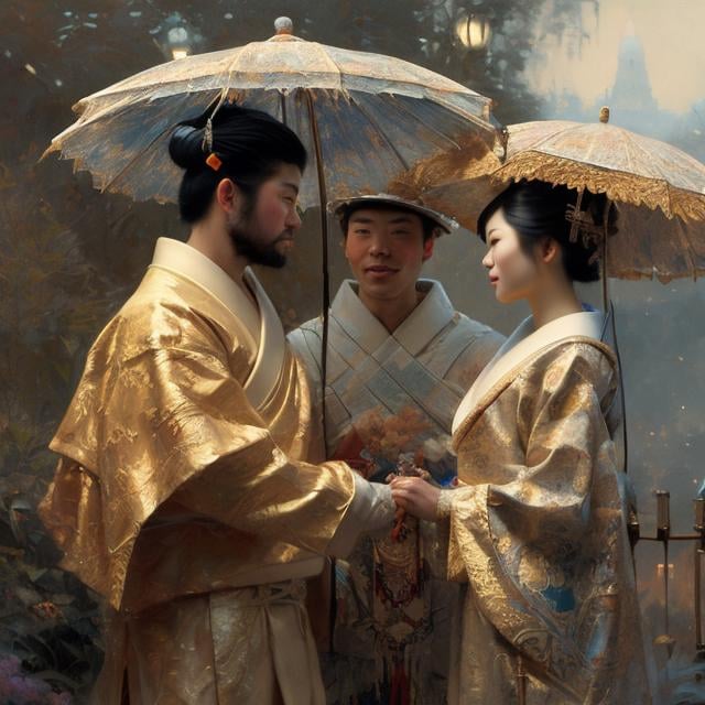 Prompt: painting of eskimo man marrying attractive japanese geisha, painting at the victoria and albert museum, highly detailed painting by gaston bussiere, craig mullins, j. c. leyendecker 8 k