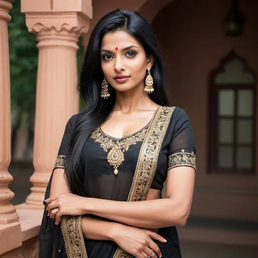 Prompt: A stunning Indian model, around 30 years old, with medium fair skin and short, silky black hair, confidently posing in a sleek. The Indian traditional dress