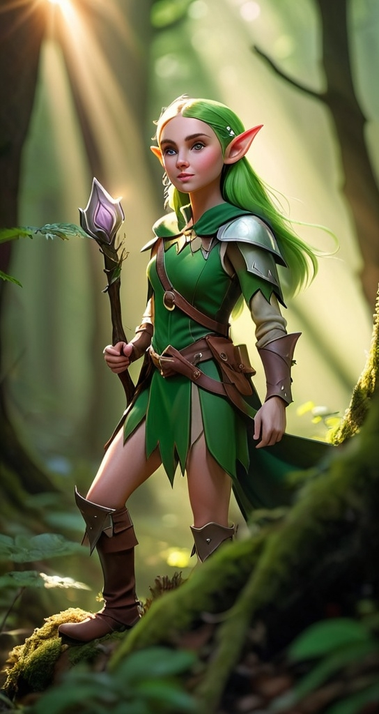 Prompt: Elf ranger in a mystical forest around sunlight