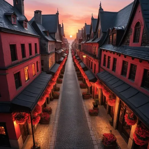 Prompt: Birds Eye view at sunset of dark straight cobblestone Main Street, mythical,, legendary architecture, whimsy, bazaar, red accents, floral 