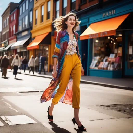 Prompt: Tall young woman walking down the high street, detailed clothing, realistic, natural lighting