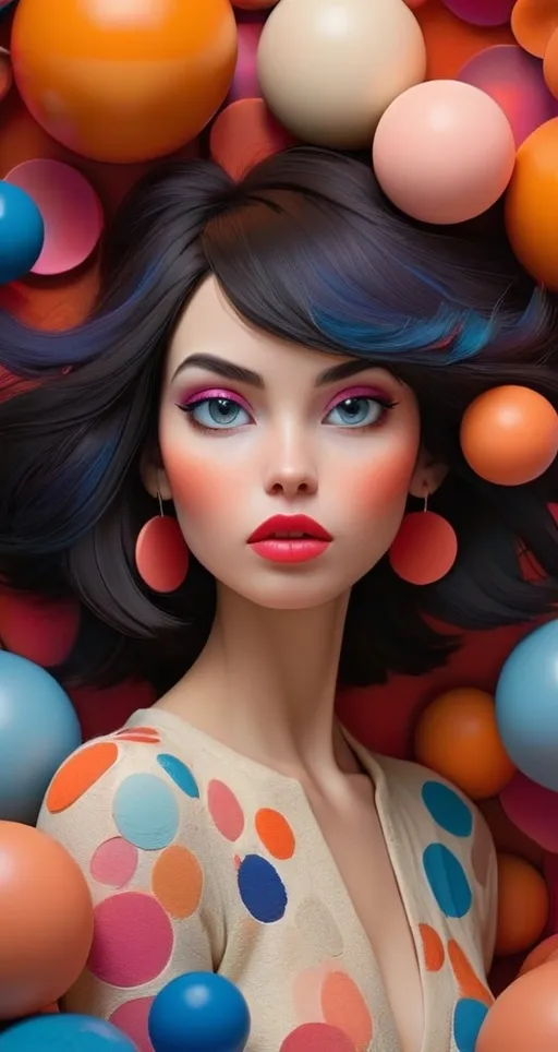 Prompt: Against a vibrant backdrop of textures and colors, a woman’s serene face emerges, framed by an array of colorful spheres and abstract shapes. Her dark hair contrasts gently with the playful orange and pink accents woven into it, while her striking features are accentuated by subtle makeup, emphasizing bold lips and captivating eyes. The environment exudes a whimsical mood, highlighted by warm, rich hues of red, blue, and cream, creating a dreamlike quality. The intricate layering of textures gives the impression of a mixed media artwork, inviting viewers to explore the harmonious blend of softness and visual energy surrounding her. This artistic composition elicits a sense of wonder, where the beauty of the subject seamlessly intertwines with the imaginative setting.