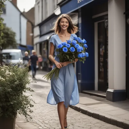 Prompt: A tall young woman walking down the high street, detailed clothing, realistic, natural lighting, holding a big bouquet of blue roses. The woman is smiling happy.