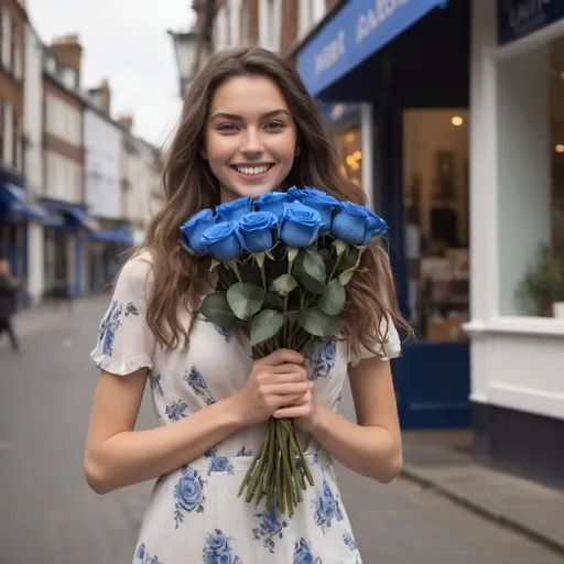 Prompt: A tall young woman walking down the high street, detailed clothing, realistic, natural lighting, holding a big bouquet of blue roses. The woman is smiling happy.