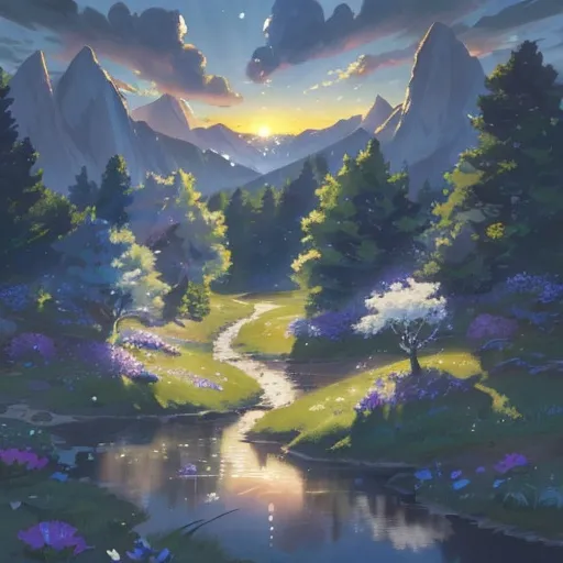 Prompt: Prompt

A sunset with clouds and relaxing background. The lighting and shading is asthetic and relaxing. A tall mountain on the right with a little bit of snow; there are bunnies on it, cold looking flowers and grass, tall spruce trees with a little bit of snow on top of them. On the left there is a medium height hill; it has green grass, flowers, oak and birch trees, bees, a small cave entrance with cool light coming out from it. In the middle there is a valley with flowers, grass, a little bit of oak trees and some horses. There is a little river flowing downhill from the right, it falls through a cascade to a small lake in the middle of the valley, with lilypads and water flowers on the lake. There are some birds flying far away, and some butterflies and fireflies flying far. a relaxing soothing feeling to the image. A lot of flowers everywere.
