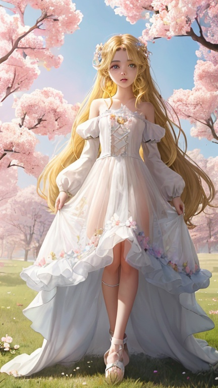 Prompt: Soft sunset in a magical fantasy  mystical forest as background. Flowers of pastel multicolor in the background. Far away portrait (full body) of a cute square face teenage girl with yellow-brown blonde hair, green eyes, a bit of freckles on her nose and dark pink lips with dimples. Her hair is a little bit messy without bangs and with small multicolour pastel flowers. Her skin is very light but with a pink tone. The dark shadows of the hair are a brown color. She is wearing a cute pastel dress with white flowers. The dress is beautiful and it has drop shoulders and long oversized sleeves that are more transparent with flower silhouettes on them. The skirt of the dress is long, flowy and cute.
