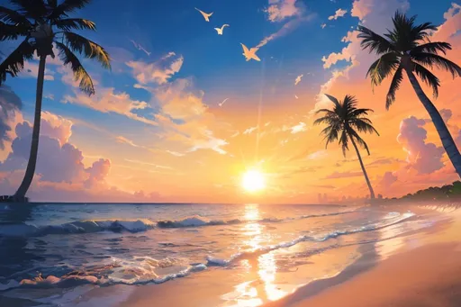 Prompt: A beautiful beach scenery with clouds on the sky, sunrise, beautiful sun, birds flying, magical particles, cost far away, palm trees