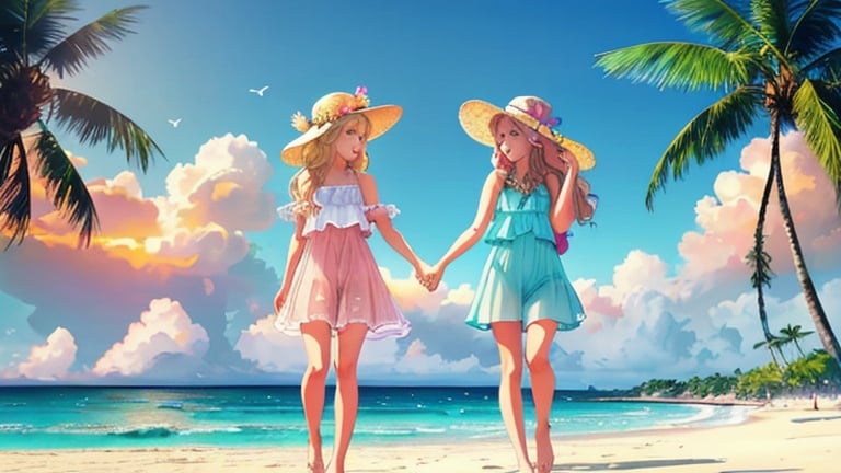 Prompt: Soothing scene in the beach, coast, flowers and palm trees in the background, golden sand with pastel coloured seashells, a bit of waves in the sea, sunset, soft sunset lighting, clouds in the sky, gorgeous sun showing, birds flying in the sky, magical looking particles flying all around the scene. Portrait of two teenage girls, detailed faces, holding hands in the middle; the one on the left is cute, light skin, has golden blonde hair, green eyes, square shaped head, freckles on nose, dark pink lips, smiling, flowers on her hair, wearing a beach hat, ripped denim shorts, a drop shoulder crochet white and flowery blouse, she is a bit shorter than the girl on the right. The girl on the right is cute, light yellow skin, blonde hair, oval shaped head, dark pink lips, brown eyes, smiling, flowers on her head, she is wearing a beach hat, a mid length white and green dress. They are both barefoot.