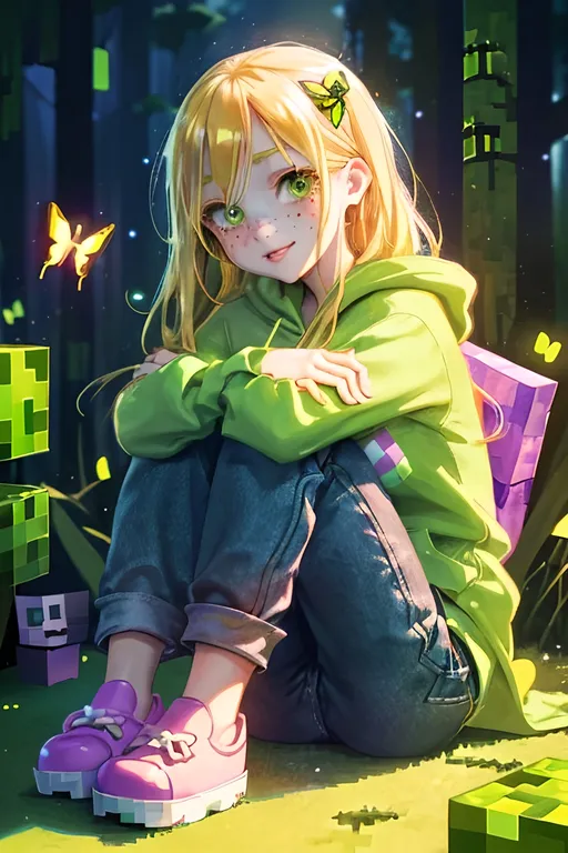 Prompt: Cute Kawaii simple background, light relaxing shading and lighting, fireflies and butterflies flying around. In the middle (full body) there is a cute teenage girl, golden blonde hair, green eyes, square shaped head, freckles on nose, dark pink lips. She is sitting down, cross legged. She is wearing a minecraft creeper oversized hoodie and denim flare pants and smiling. She is hugging tightly a real life sized (like her) minecraft in-game creeper.